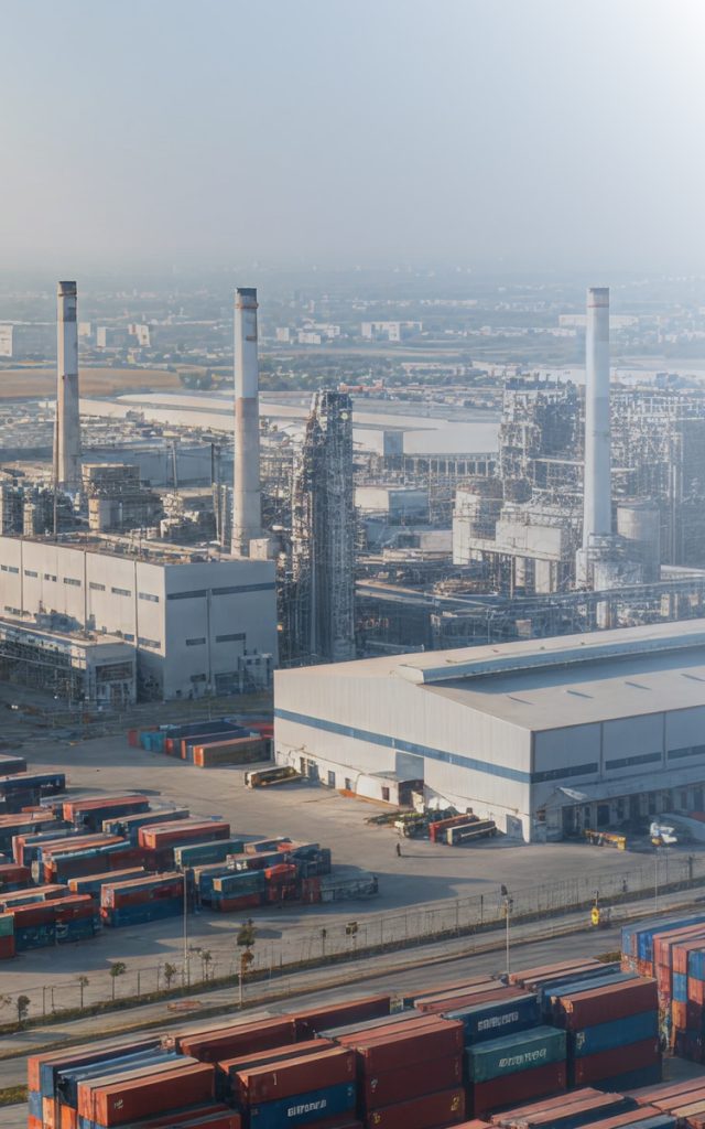 Industrial facility and containers representing efficiency and waste reduction under LEAN.